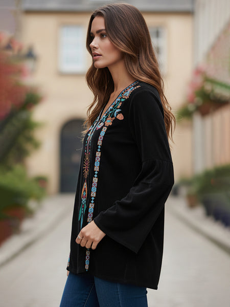Black Embroidered Flare Sleeve Top