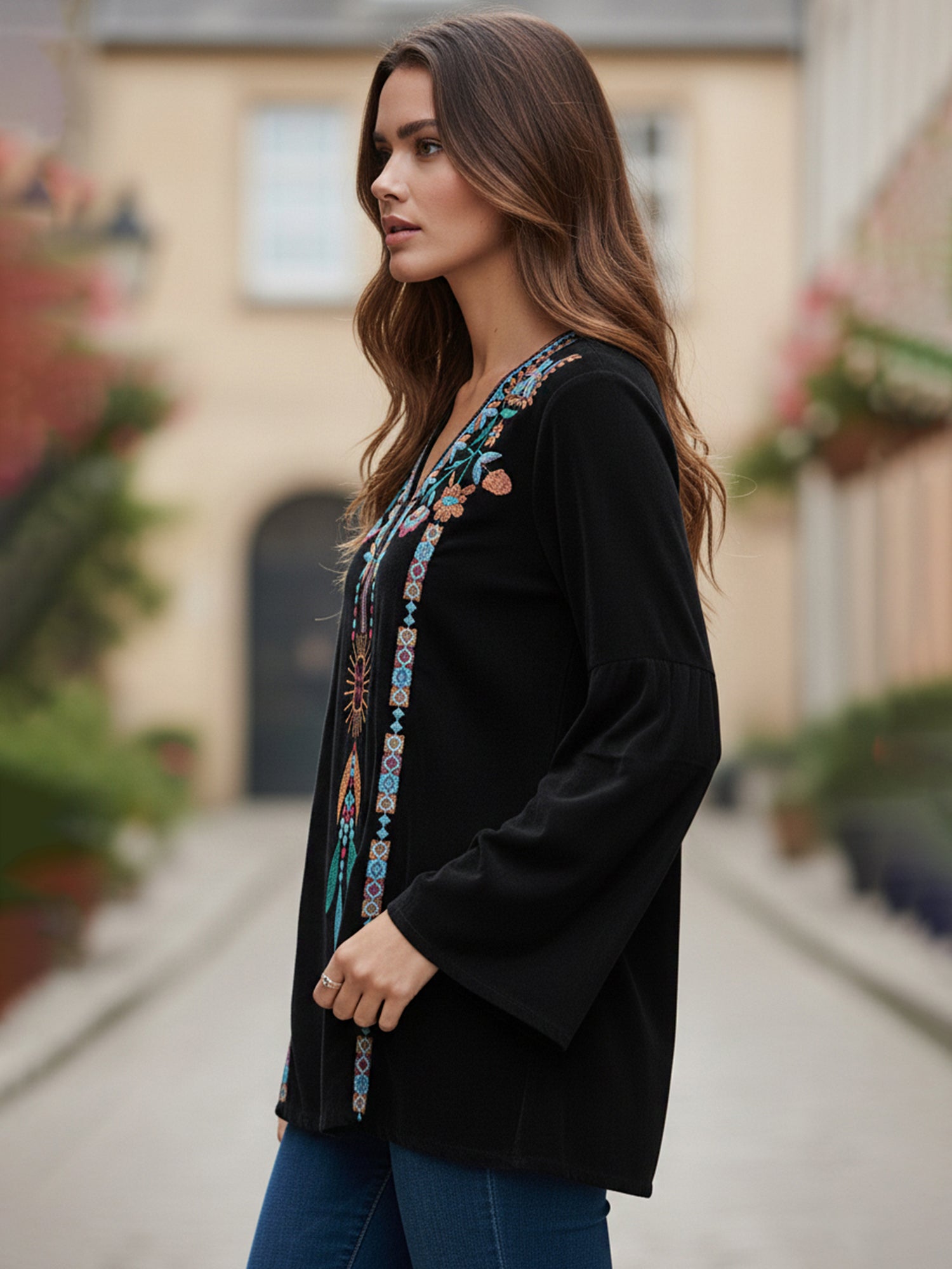 Black Embroidered Flare Sleeve Top