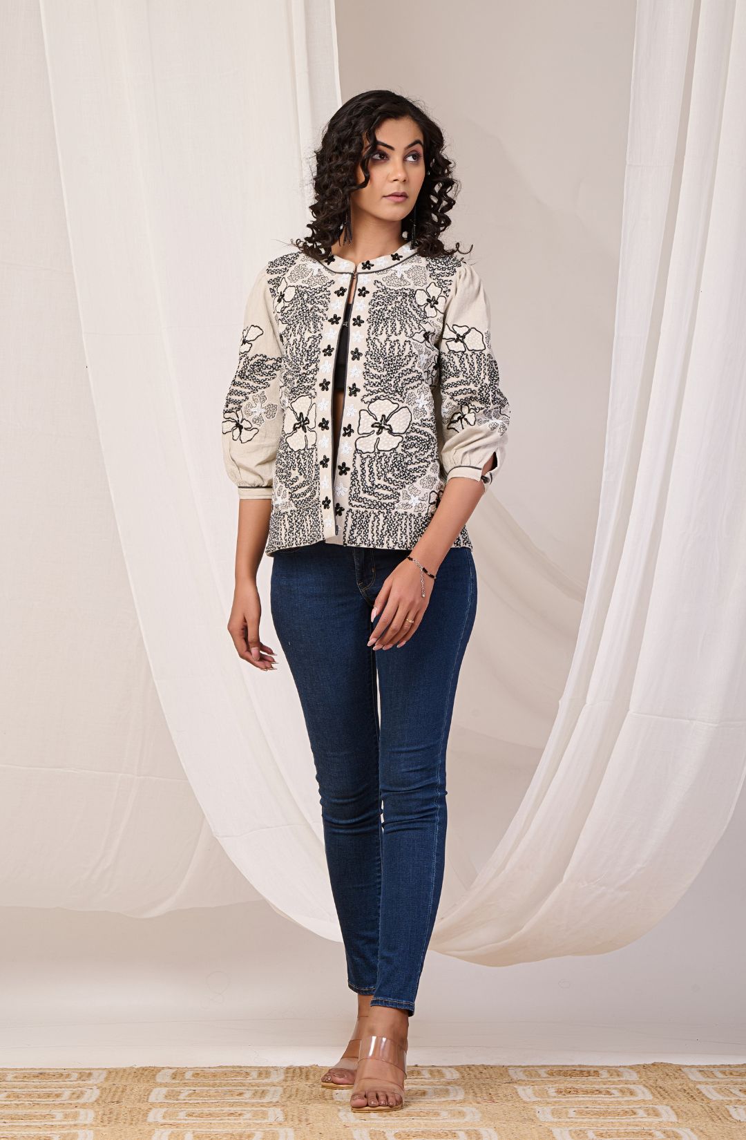 Black Embroidered Off White Cotton Jacket