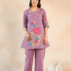 Lavender Floral Embroidered Kurta and Straight Pant Co-ord Set