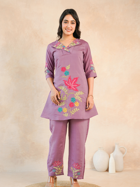 Lavender Floral Embroidered Kurta and Straight Pant Co-ord Set