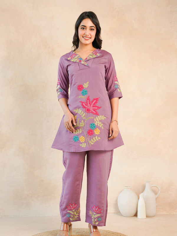 Lavender Floral Embroidered Kurta and Straight Pant Co-ord Set