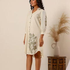Beige flower embroidery Cotton Shirt Dress