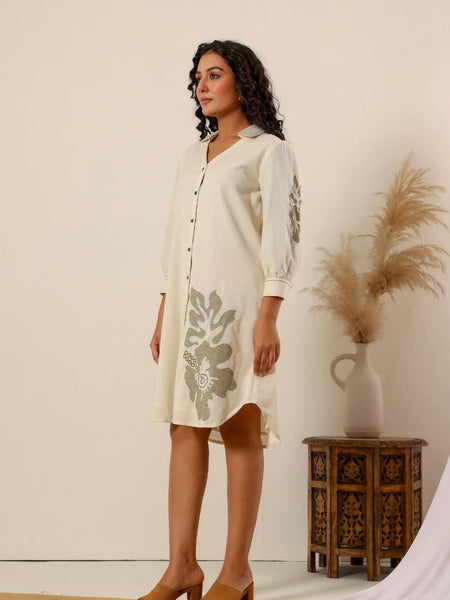 Beige flower embroidery Cotton Shirt Dress