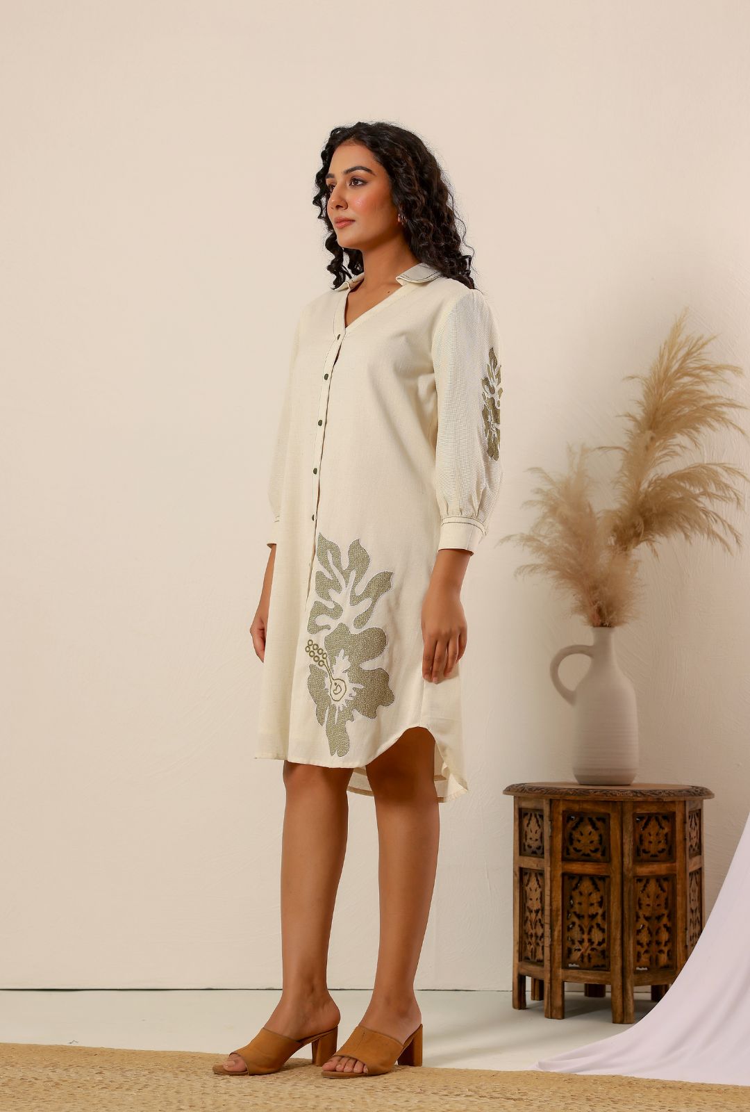Beige flower embroidery Cotton Shirt Dress