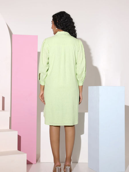 Pastel Green Sequined Work Shirt Dress