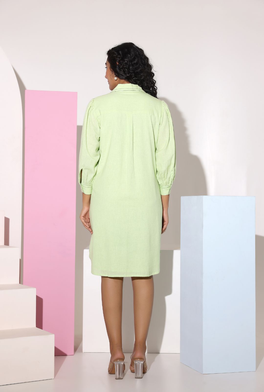 Pastel Green Sequined Work Shirt Dress