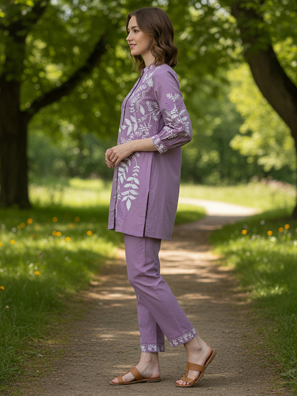 Designer Purple Kurta & Pant Set with White Threadwork