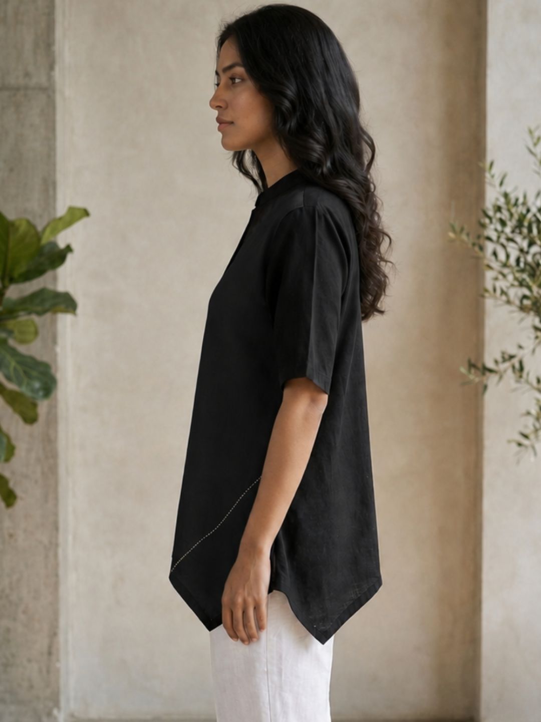 Stylish Ombre Dyed High-Low Tunic Top with Mandarin Collar & Short Sleeves