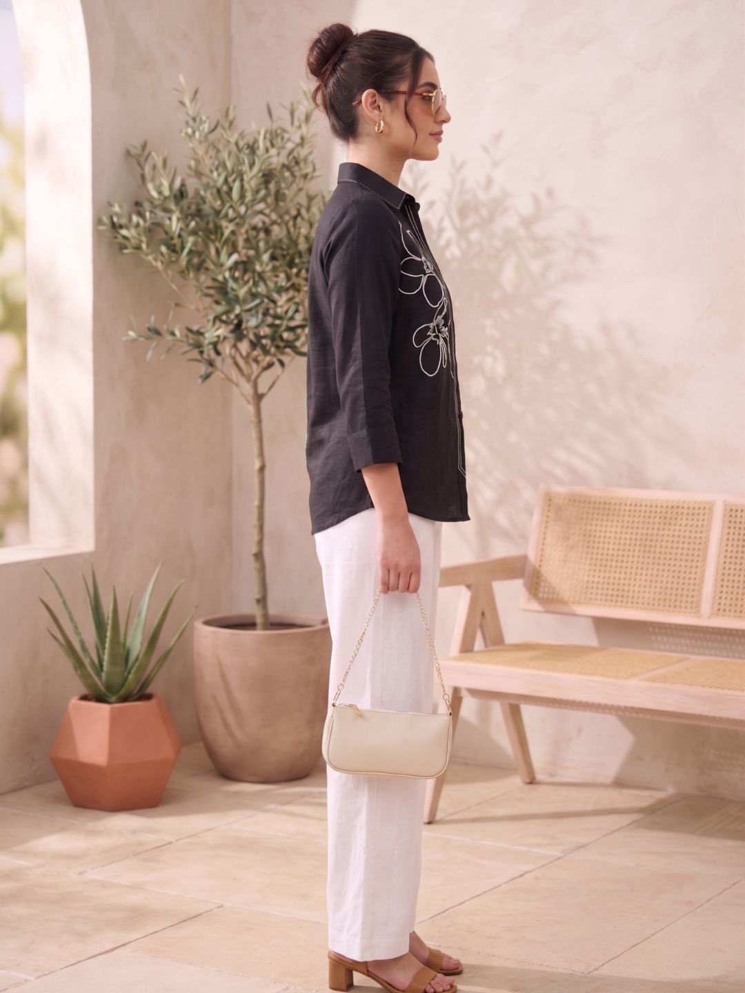 Black Floral Embroidered Shirt