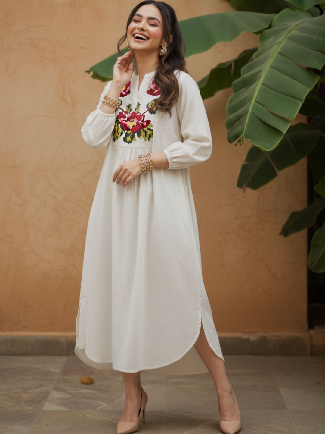 Off-White Floral Embroidered A-Line Midi Kurta Dress