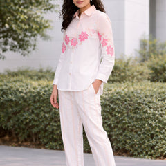 Women Stylish Printed White Shirt And Pants Set
