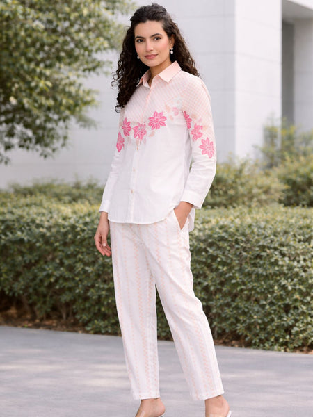 Women Stylish Printed White Shirt And Pants Set