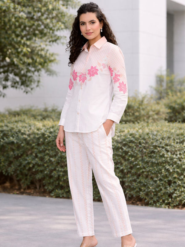 Women Stylish Printed White Shirt And Pants Set