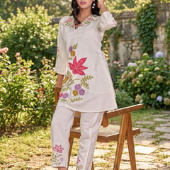 Beige Silk Embroidered Collar Neck Co-Ord Set