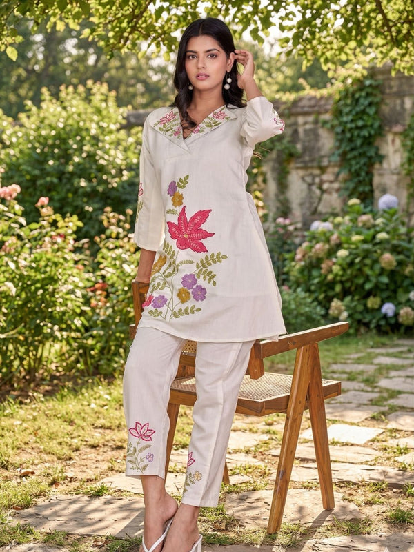 Beige Silk Embroidered Collar Neck Co-Ord Set