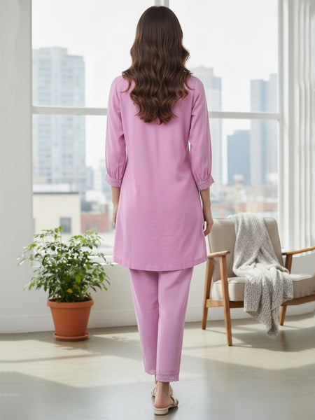 Graceful Lavender Co-Ord Ensemble Featuring Intricate Lace and Comfort Fit