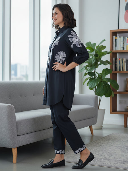 Navy Blue Shirt Pattern Co-ord Set