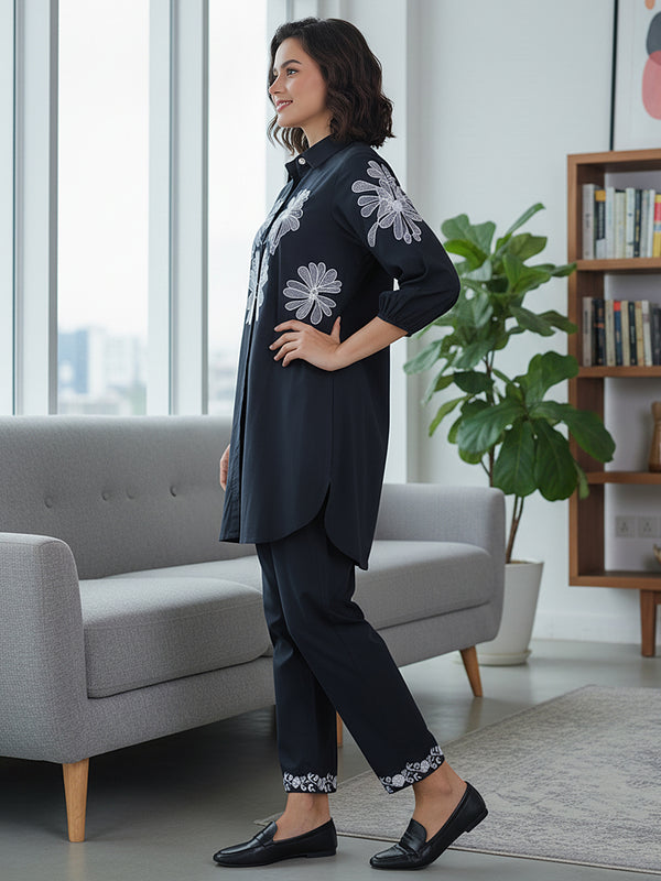 Navy Blue Shirt Pattern Co-ord Set