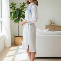 White Embroidered Tencel Midi Dress with Collar Neck