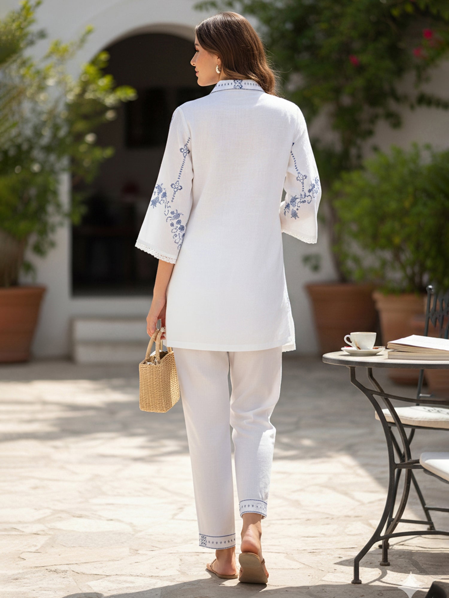 Elegant Women’s Kurta & Pant Set – White & Blue Embroidered
