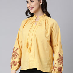 Yellow Cotton Embroidered Top With Tassels