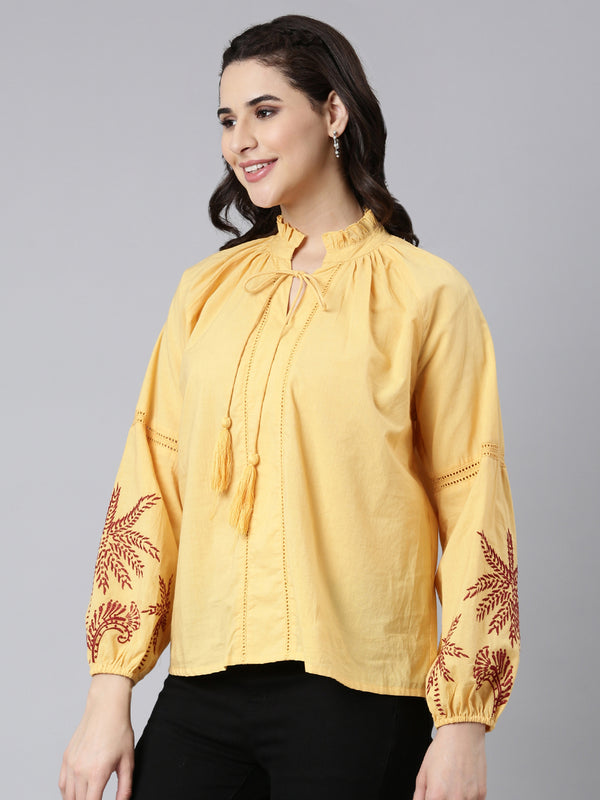 Yellow Cotton Embroidered Top With Tassels