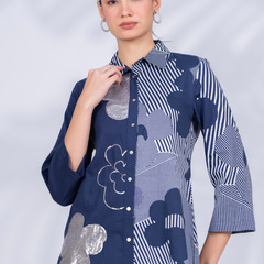 Women Designer Patchwork Navy Casual Shirt