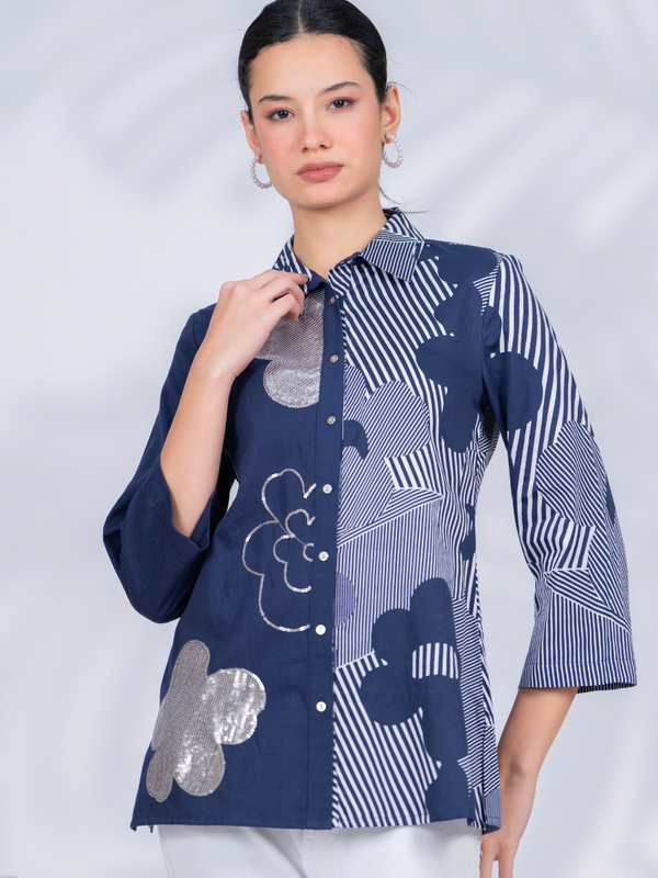 Women Designer Patchwork Navy Casual Shirt
