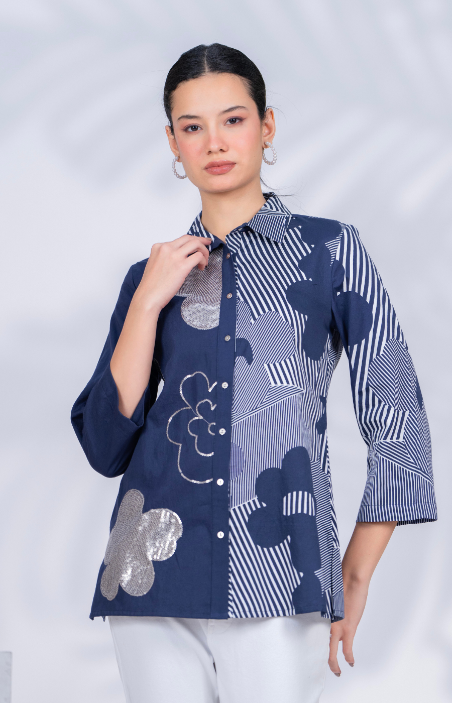 Women Designer Patchwork Navy Casual Shirt