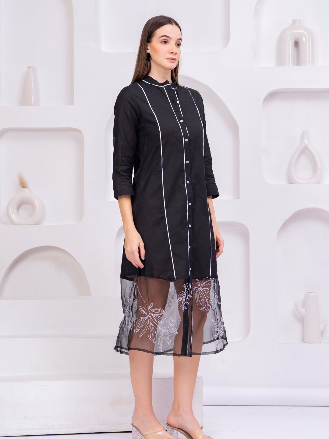 Premium Embroidered Sheer Panel Kurti Dress