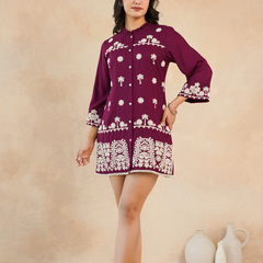 Maroon Embroidered Rayon Midi Dress