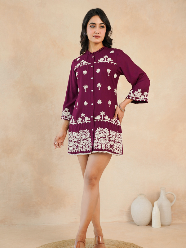 Maroon Embroidered Rayon Midi Dress