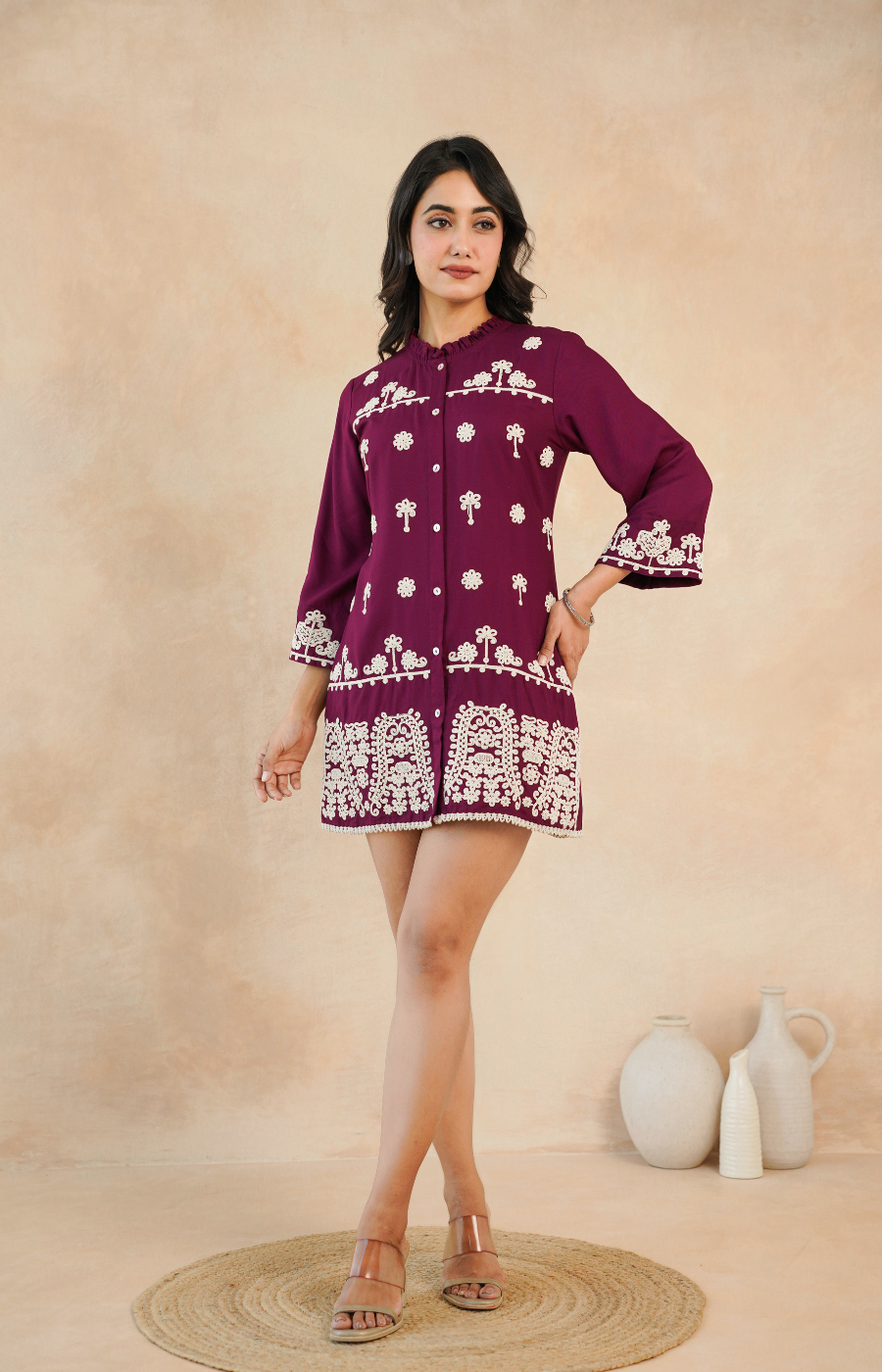 Maroon Embroidered Rayon Midi Dress