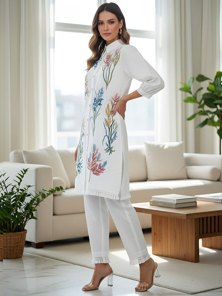 White Multicolor Embroidered Cotton Co-ord Set