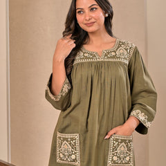 Elegant Olive Green Cotton Embroidered Kurta Set