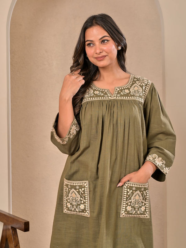 Elegant Olive Green Cotton Embroidered Kurta Set