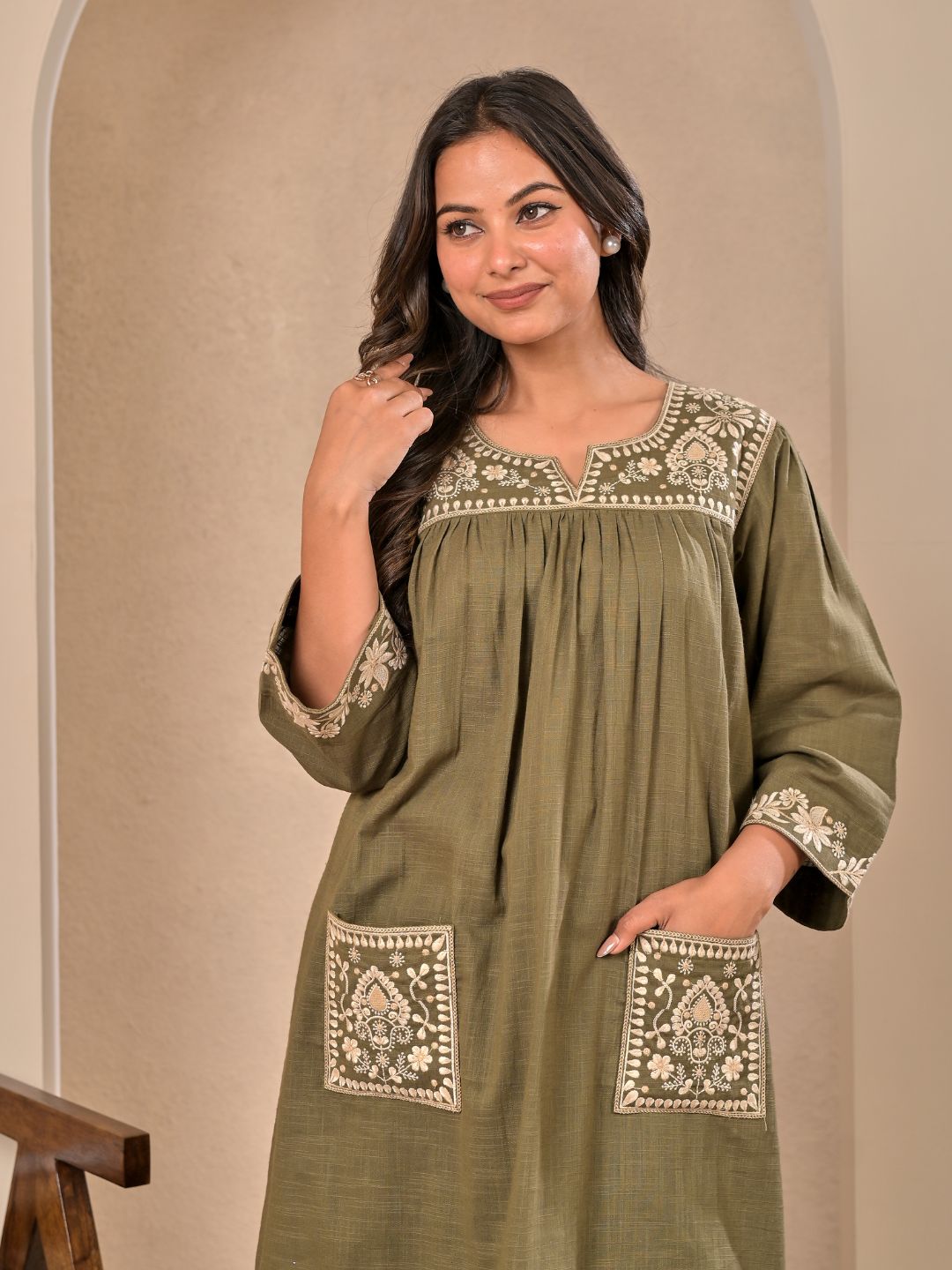 Elegant Olive Green Cotton Embroidered Kurta Set
