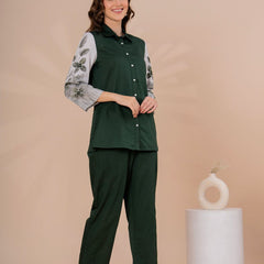 Elegant Dark Green Co-Ord Set With Printed Sleeves