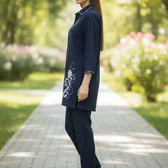 Navy Blue White Embroidered Co-ord Set