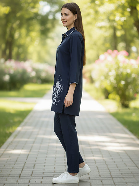 Navy Blue White Embroidered Co-ord Set