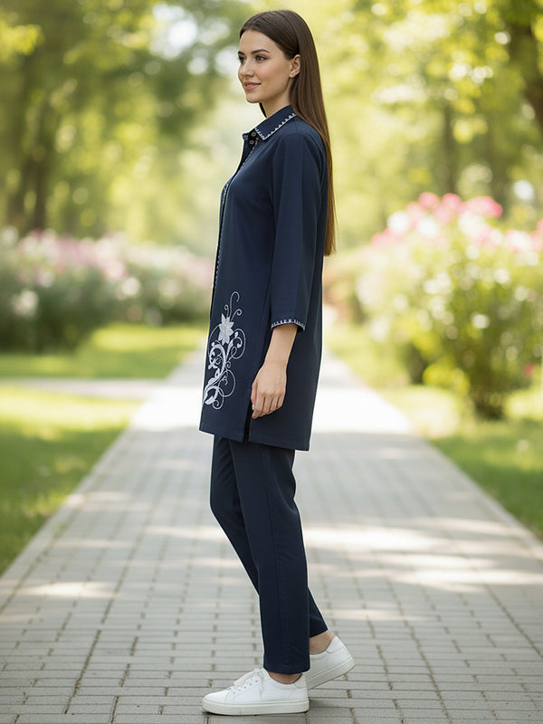 Navy Blue White Embroidered Co-ord Set