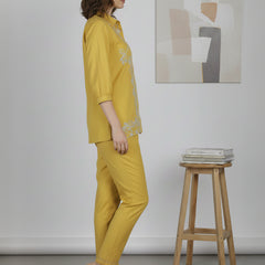 Mustard Meadow White Floral Embroidered Cotton Co-ord Set