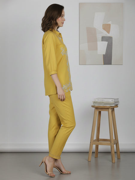 Mustard Meadow White Floral Embroidered Cotton Co-ord Set