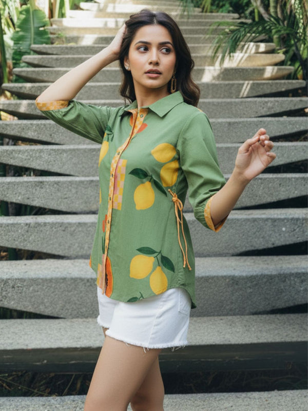 Mint Citrus Garden Embroidered Cotton Shirt