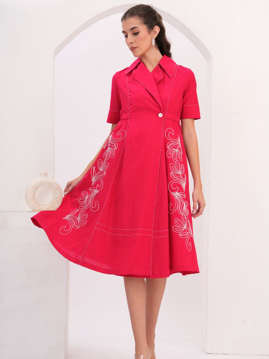 Fuchsia Pink Embroidered Flared Midi Dress with Lapel Collar