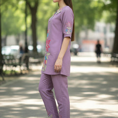Lavender Floral Embroidered Kurta and Straight Pant Co-ord Set