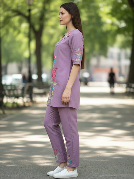 Lavender Floral Embroidered Kurta and Straight Pant Co-ord Set