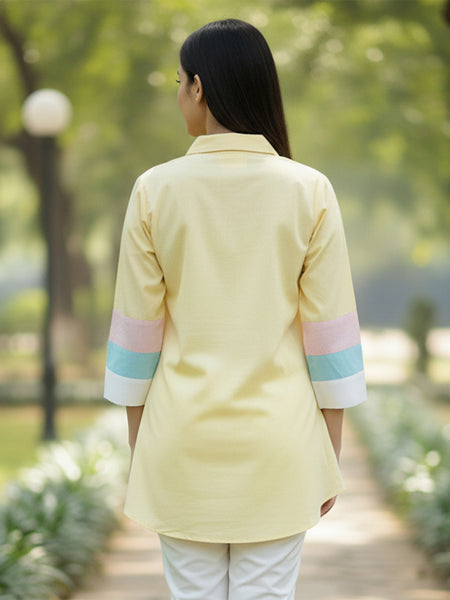 Women’s Yellow Embroidered Cotton Crop Shirt with Collar Neck