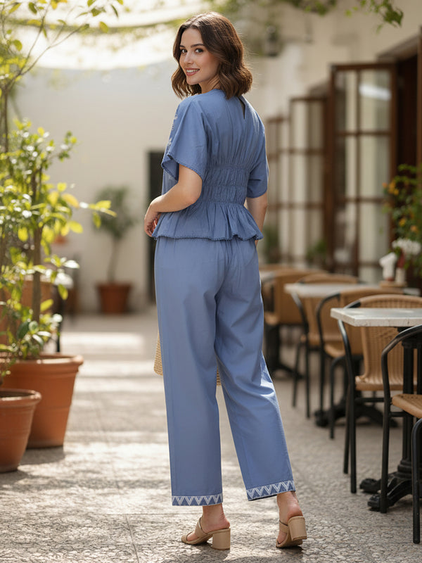 Serene Blue Cotton Embroidered Co-ord Set